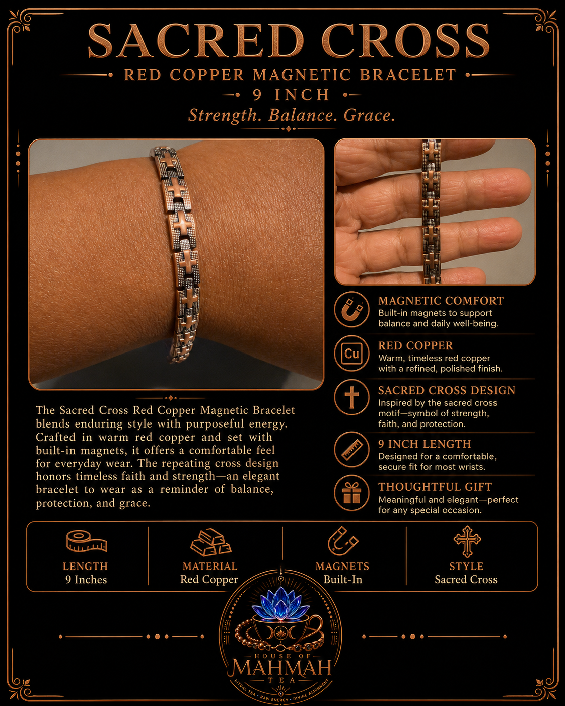Sacred Cross Red Copper Magnetic Bracelet — 9 Inch