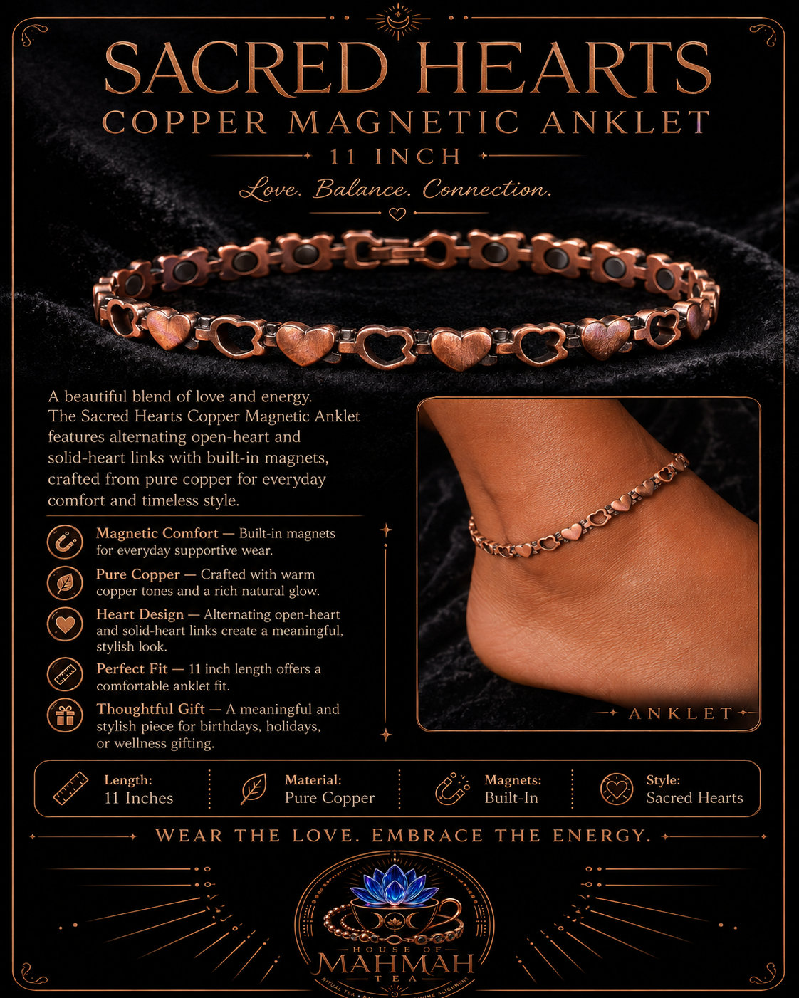 Sacred Hearts Copper Magnetic Anklet — 11 Inch