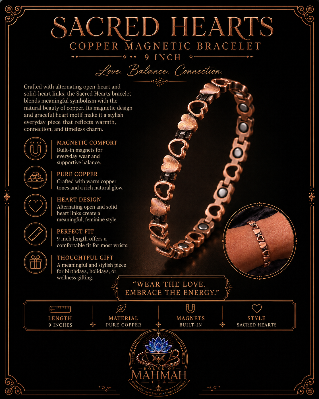 Sacred Hearts Copper Magnetic Bracelet — 9 Inch