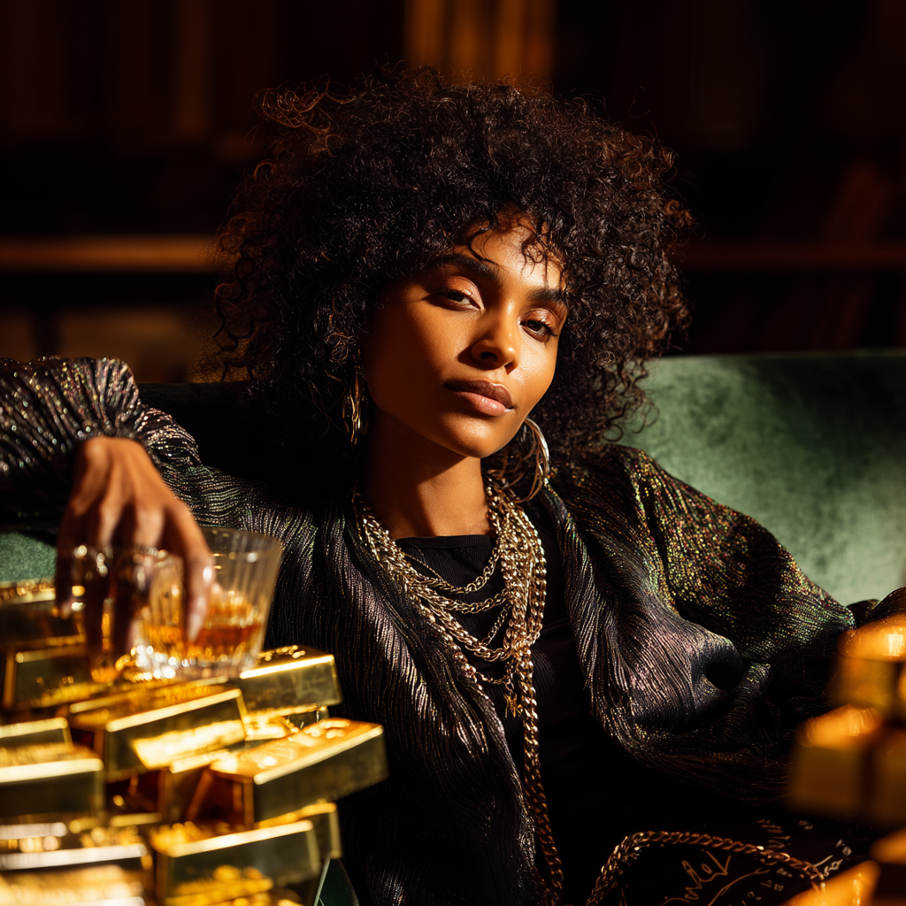 Show Me The Money: a woman with natural hair relaxing beside stacked gold bars