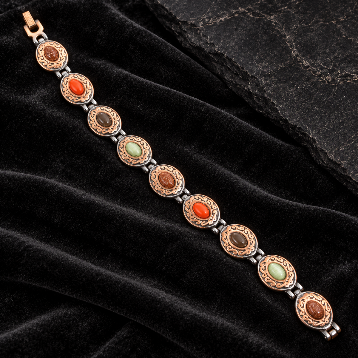 Front view of The Oval Multi Stone copper magnetic bracelet